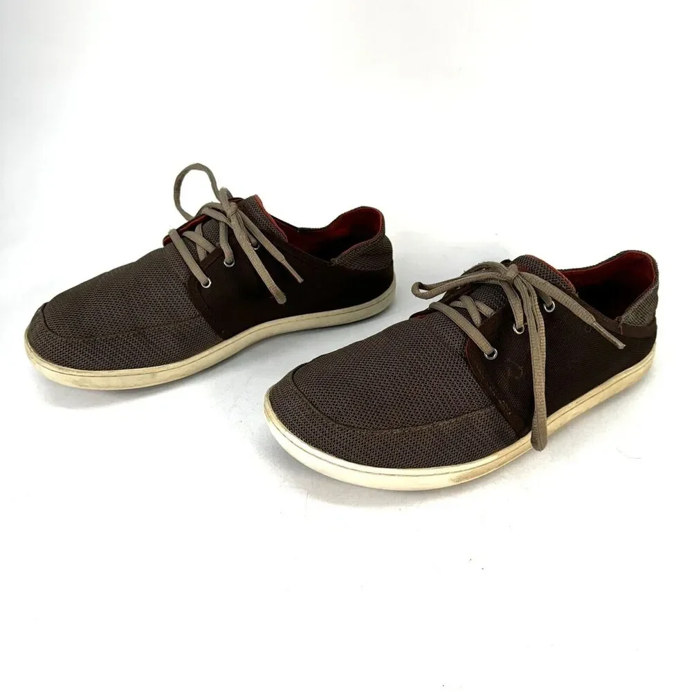 OluKai Nohea Moku Shoes Mens Size 9.5 Brown Tan Slip Lace Up Low Top Casual